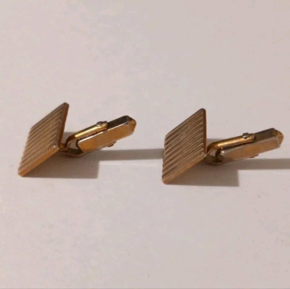 VTG Swank Gold Tone Engine Turned Ribbed Rectangular Cufflinks MCM Retro Formal - Picture 3 of 9